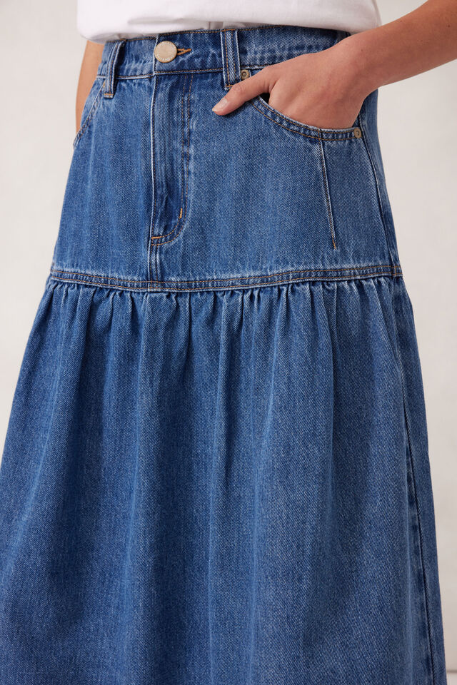Drop Waist Denim Midi Skirt, FRESH INDIGO