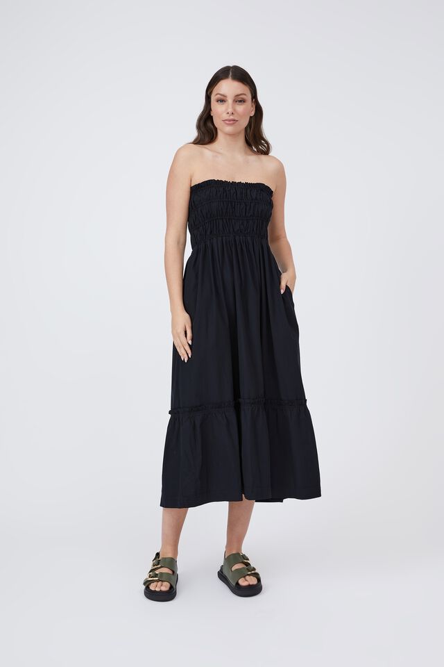 Shirred Strappy Dress In Organic Cotton Poplin, BLACK