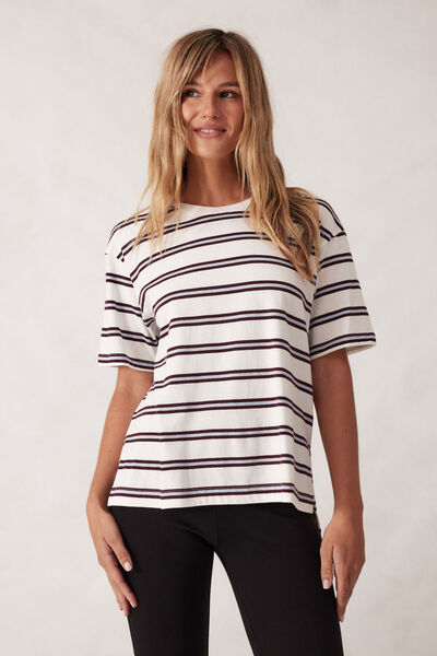Stevie Slouchy Split Hem Tee, VANILLA/WINE RETRO STRIPE