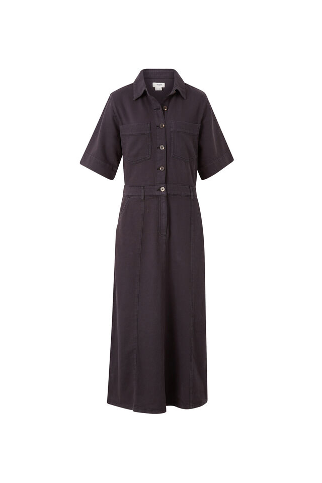 Short Sleeve Denim Maxi Shirt Dress, WASHED BLACK TWILL