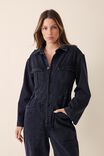 Denim Utility Jumpsuit In Cotton Lyocell Blend, WASHED BLACK - alternate image 4