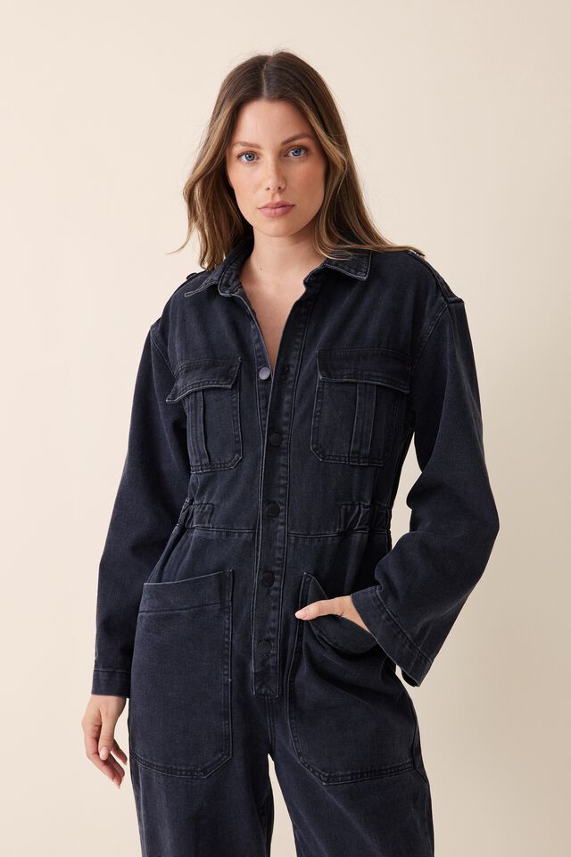 Denim Utility Jumpsuit In Cotton Lyocell Blend, WASHED BLACK