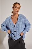 Deep V Cable Cardigan In Organic Cotton, BLUE SHADOW