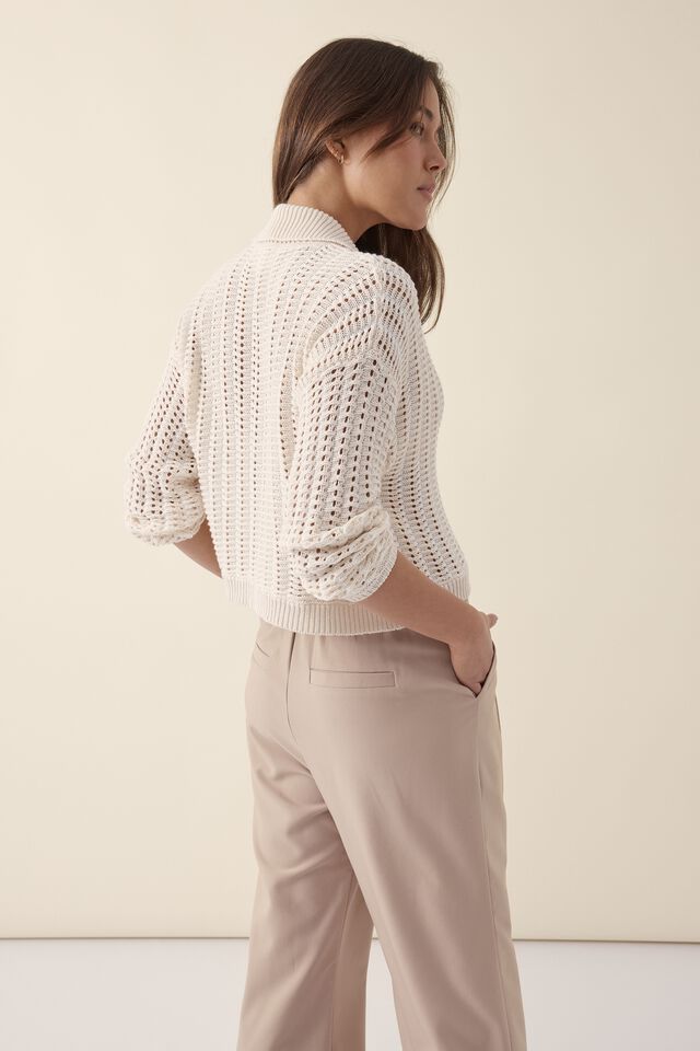 Mesh Knit Collared Cardigan In Organic Cotton, PARCHMENT AND WHITE