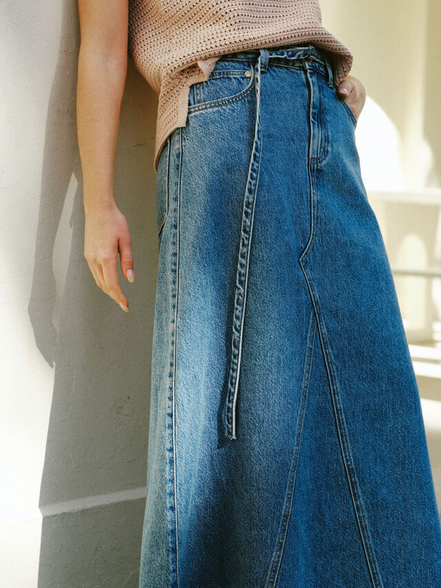 Tie Waist Denim Maxi Skirt, FRESH INDIGO