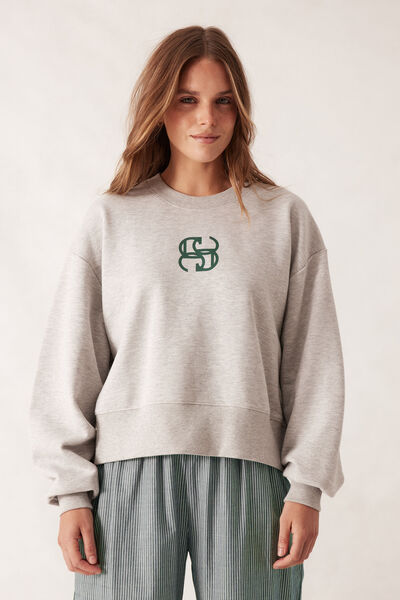 Cropped Slouchy Crew, GREY MARLE PINE GREEN LOGO