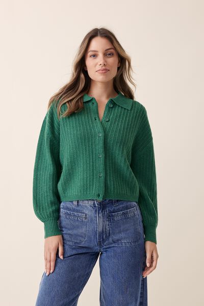 Soft Cropped Collared Cardigan In Recycled Blend, LAWN GREEN