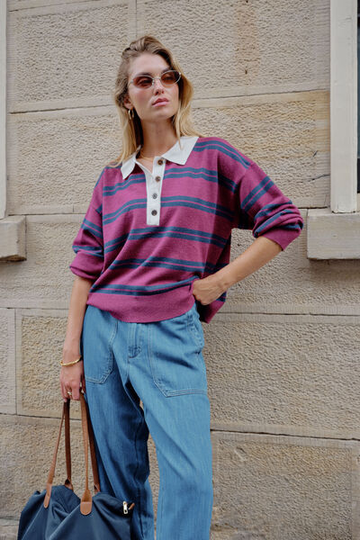 Jessa Rugby Knit, WASHED BURGUNDY STRIPE