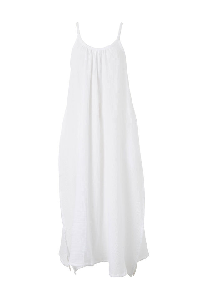 Doublecloth Strappy Midi Dress In Organic Cotton, WHITE