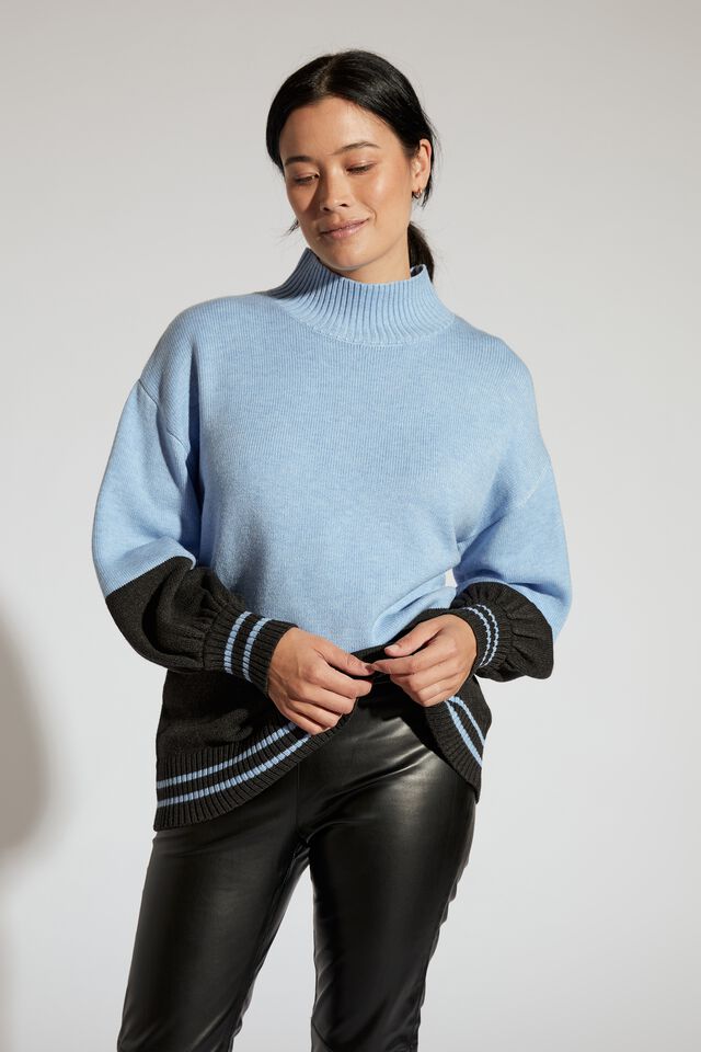 Soft Knit Mock Neck Sweater In Recycled Blend, BLUE SHADOW MARLE AND DARK CHARCOAL