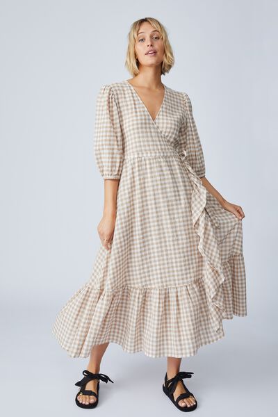 Ruffle Wrap Dress In Organic Cotton Gingham, SESAME WHITE CHECK