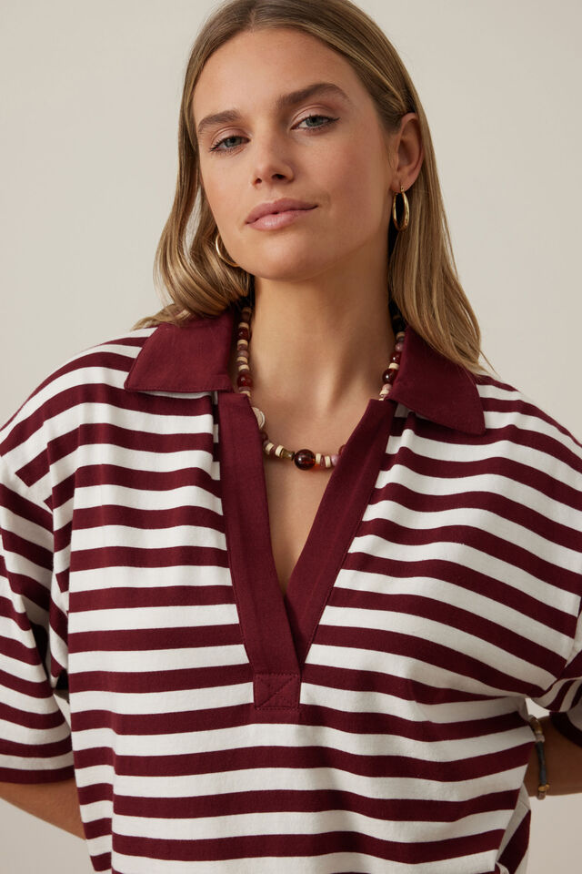 Arlie Short Sleeve Rugby, BURGUNDY/MILK STRIPE