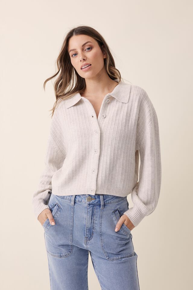Soft Cropped Collared Cardigan In Recycled Blend, OATMEAL MARLE