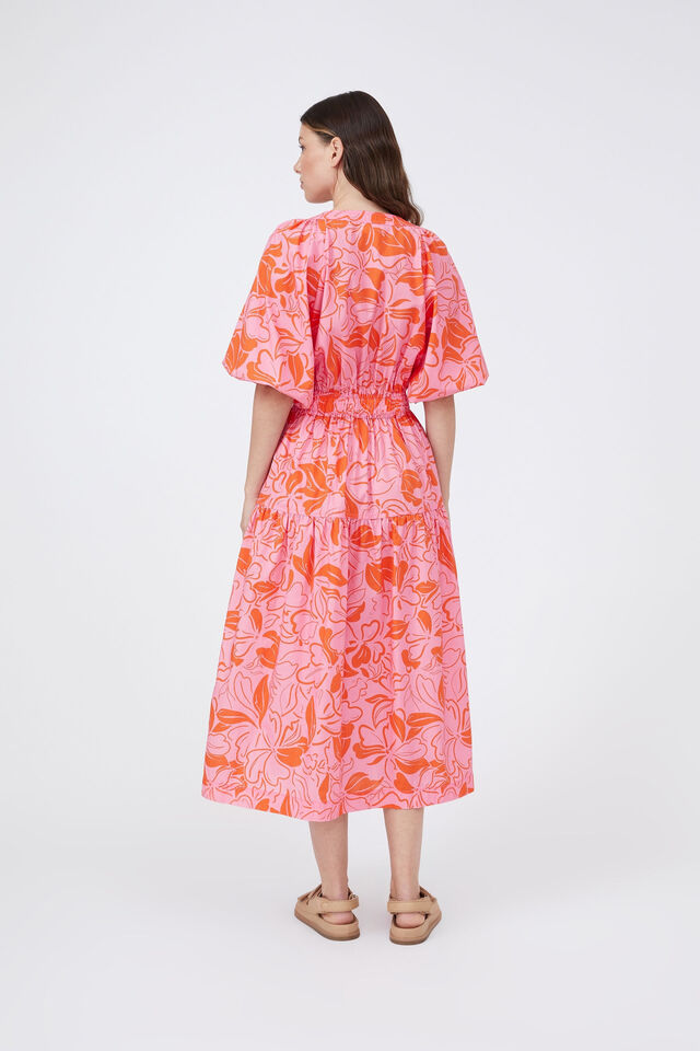Belted Balloon Sleeve Dress In Organic Cotton, SUNSET PINK TWO TONE FLORAL