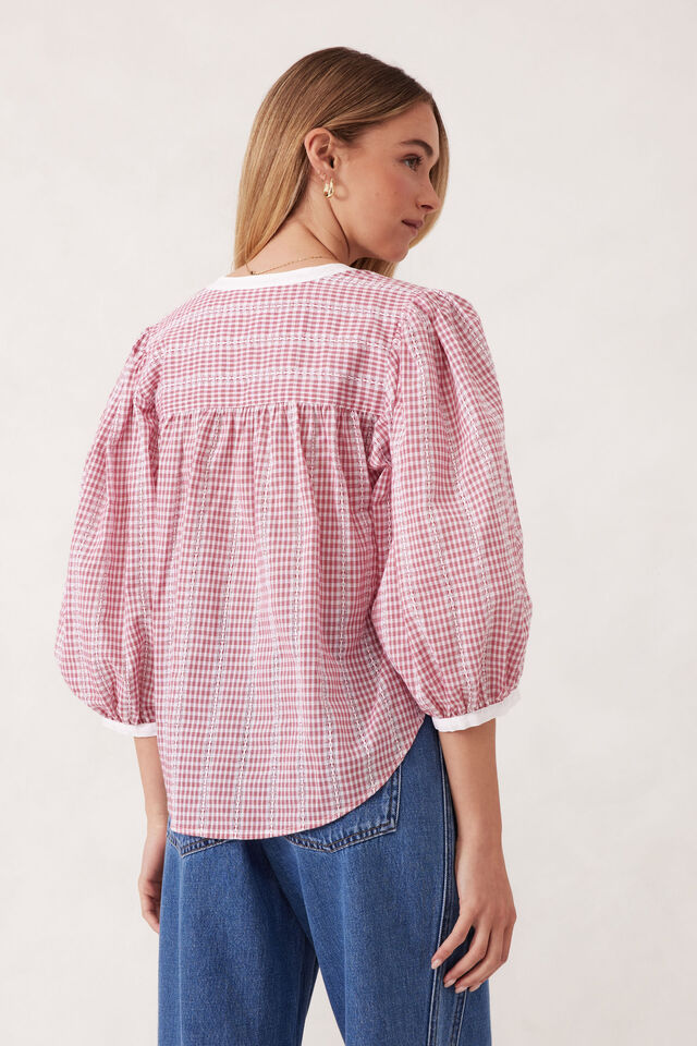 Woven Collarless Top, RED GINGHAM