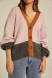Colour Blocked Boxy Cardigan In Alpaca Wool Blend, PINK CHARCOAL
