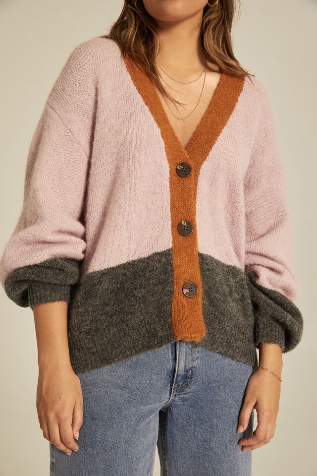 Colour Blocked Boxy Cardigan In Alpaca Wool Blend, PINK CHARCOAL