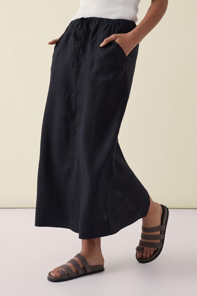 Patch Pocket Midi Skirt, BLACK LINEN