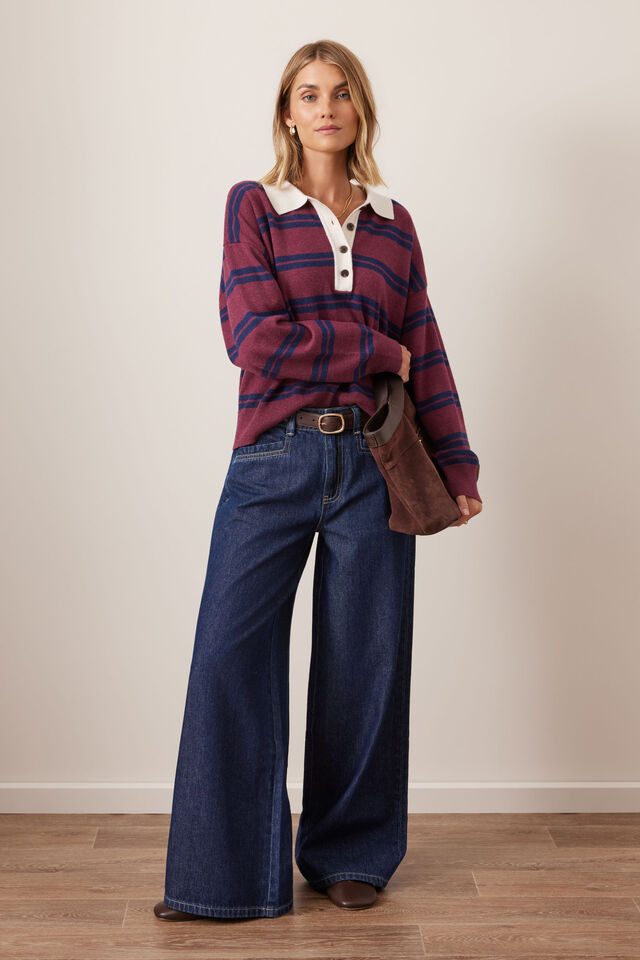 Jessa Rugby Knit, WASHED BURGUNDY STRIPE