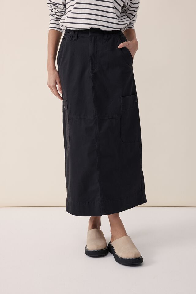 Utility Midi Skirt, BLACK RESCUED FABRIC