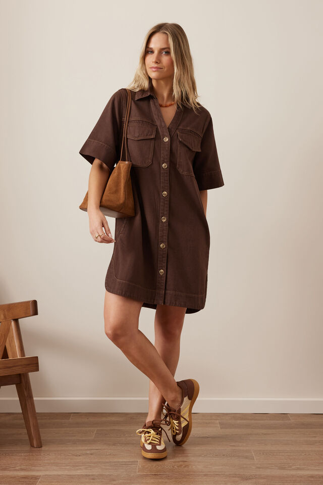 Bonnie Relaxed Shirt Dress, CHOCOLATE