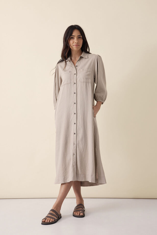 Puff Sleeve Midi Shirt Dress, SUMMER TAUPE LINEN BLEND
