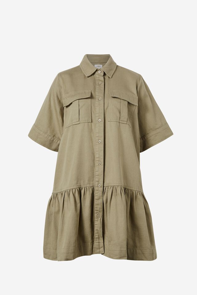 Twill Dress With Tier In Rescue Cotton, FOG GREEN