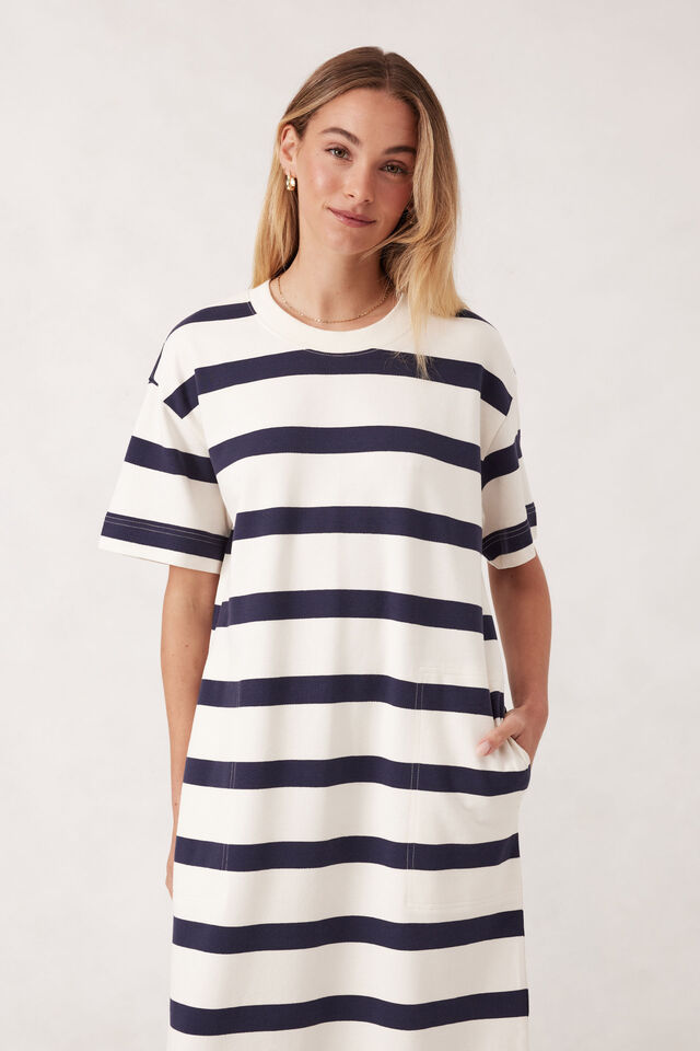 Charlotte Midi Terry Dress, WHITE NAVY BOLD STRIPE