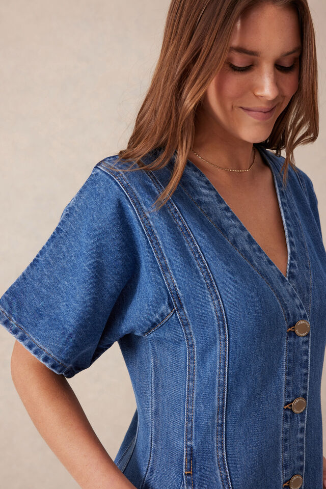 Short Sleeved Panelled V-Neck  Midi Dress, FRESH INDIGO