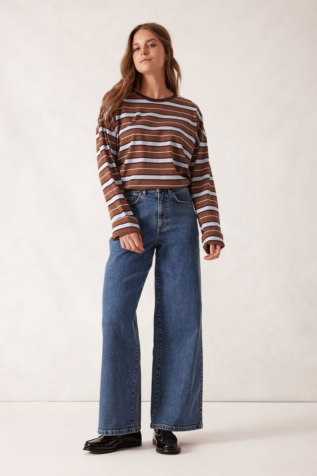 Slouchy Long Sleeve  Tee, CHALK/CHOC RETRO STRIPE