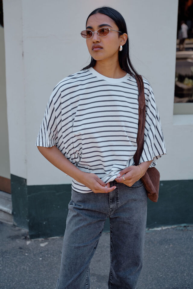 Lucy Relaxed Sleeve Tee, VANILLA /PHANTOM FINE STRIPE