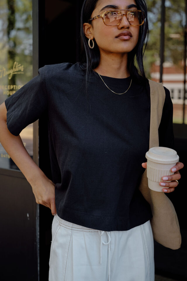 Sofia Boxy Shoulder Tee, BLACK