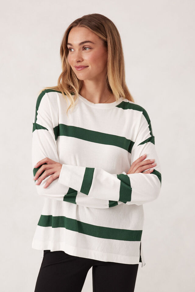 Slouchy Long Sleeve  Tee, VANILLA PINE GREEN BOLD STRIPE