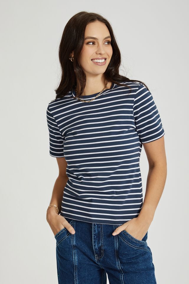 Little Tee In Organic Cotton, SMOKE BLUE/WARM WHITE FINE STRIPE