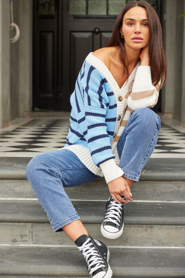 Colour Block Cardigan In Organic Cotton, NAVY CAMELETTE MULTI