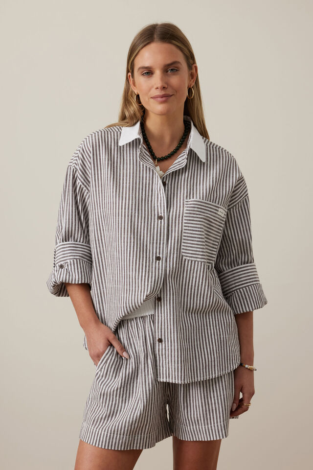 Miya Shirt, BROWN WHITE SMALL STRIPE