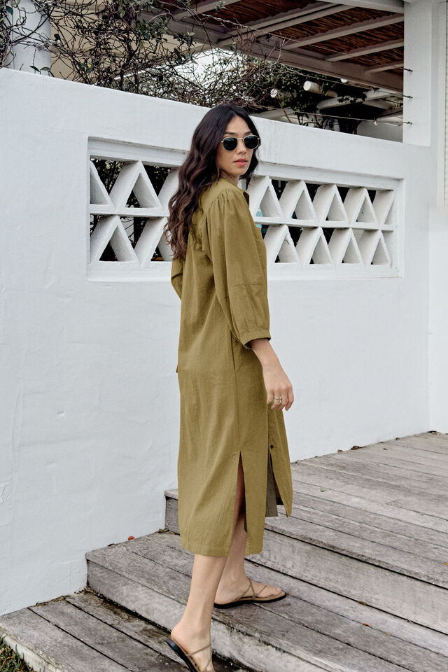 Midi Shirt Dress, FIG GREEN TEXTURED COTTON