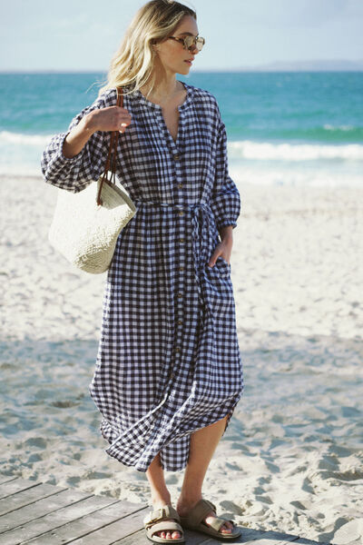 Crinkle Midi Dress, NAVY WHITE GINGHAM