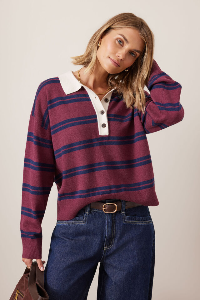 Jessa Rugby Knit, WASHED BURGUNDY STRIPE