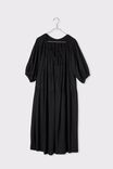 Shirred Puff Sleeve Midi Dress In Rescue Fabric, BLACK