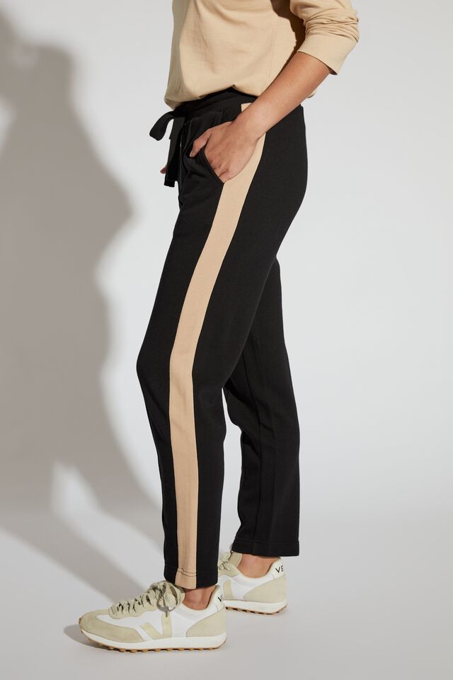 Organic Cotton Pin Stitch Straight Leg Trackpant, BLACK / CAMELETTE STRIPE