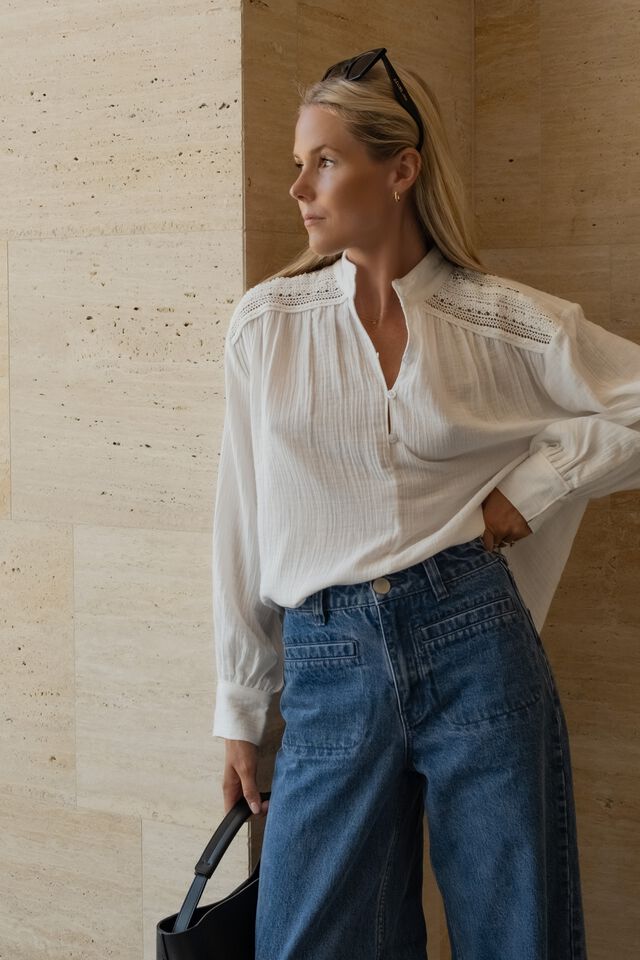 Lace Detail Henley Shirt, WHITE