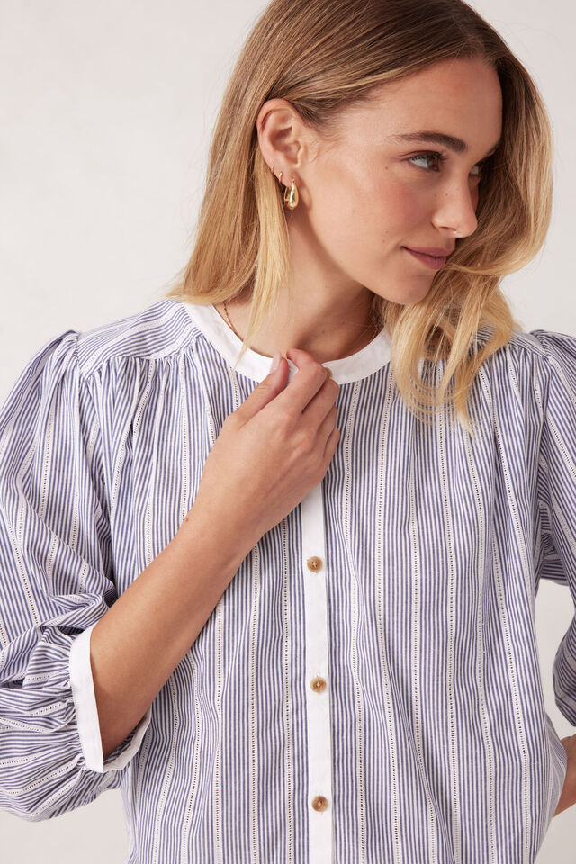 Woven Collarless Top, COLLEGE BLUE LADDER STRIPE