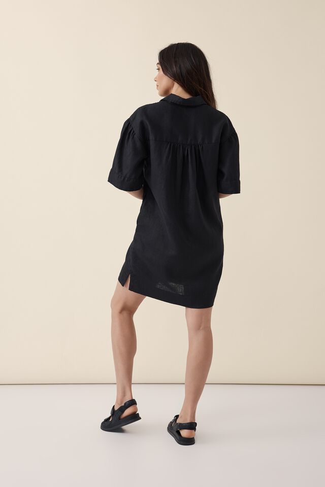 Linen Mini Shirt Dress, BLACK