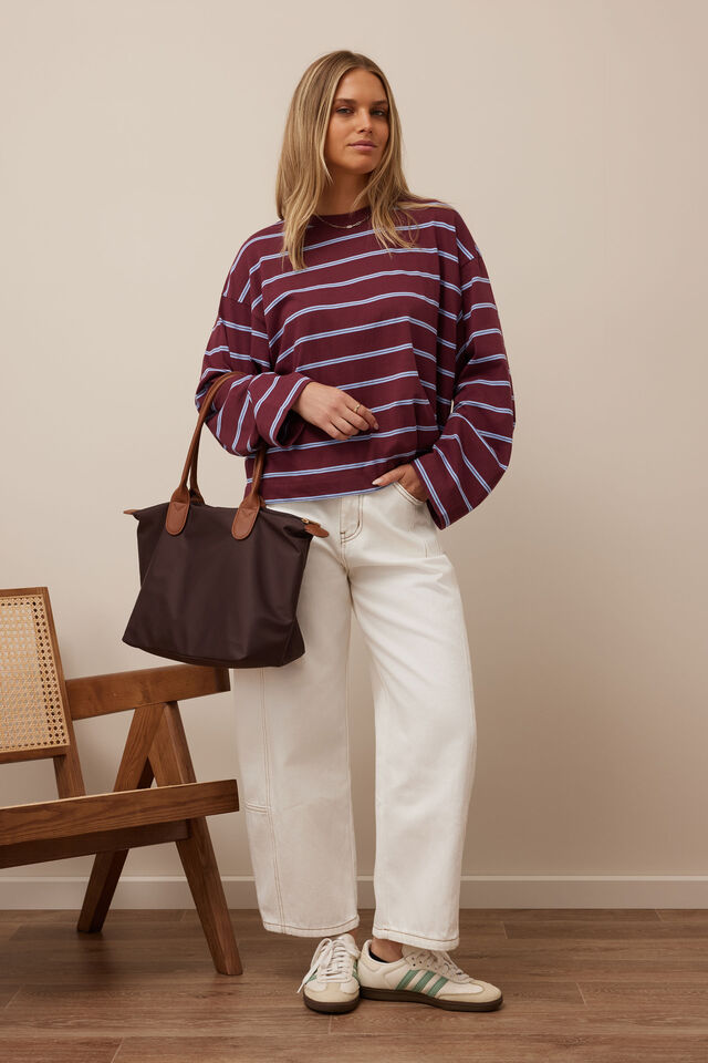 Beau Long Sleeve Slouchy Tee, WASHED BURGUNDY/SKY BLUE