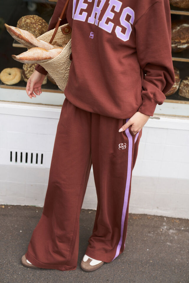 Gigi Wide Leg Terry Trackpant, BURNT TOFFEE ORCHID SIDE STRIPE