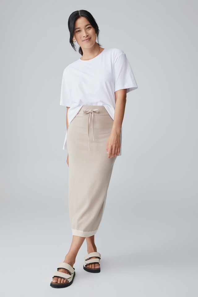 Contrast Knit Midi Skirt In Organic Cotton, LATTE AND PARCHMENT