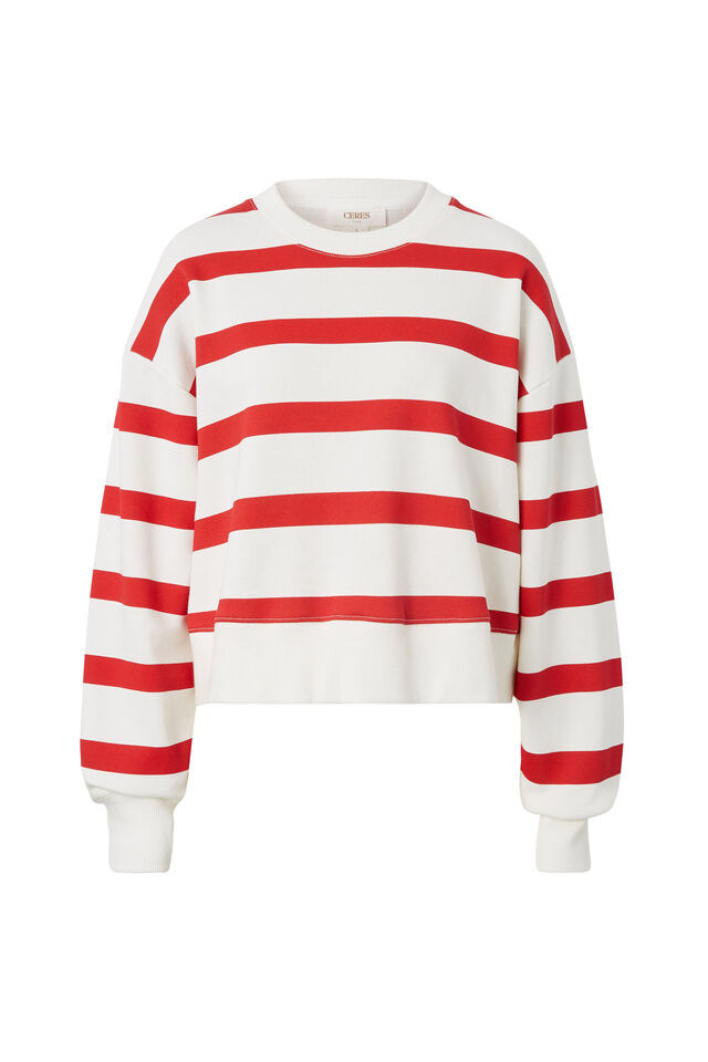 Cropped Slouchy Crew, WARM WHITE RED STRIPE