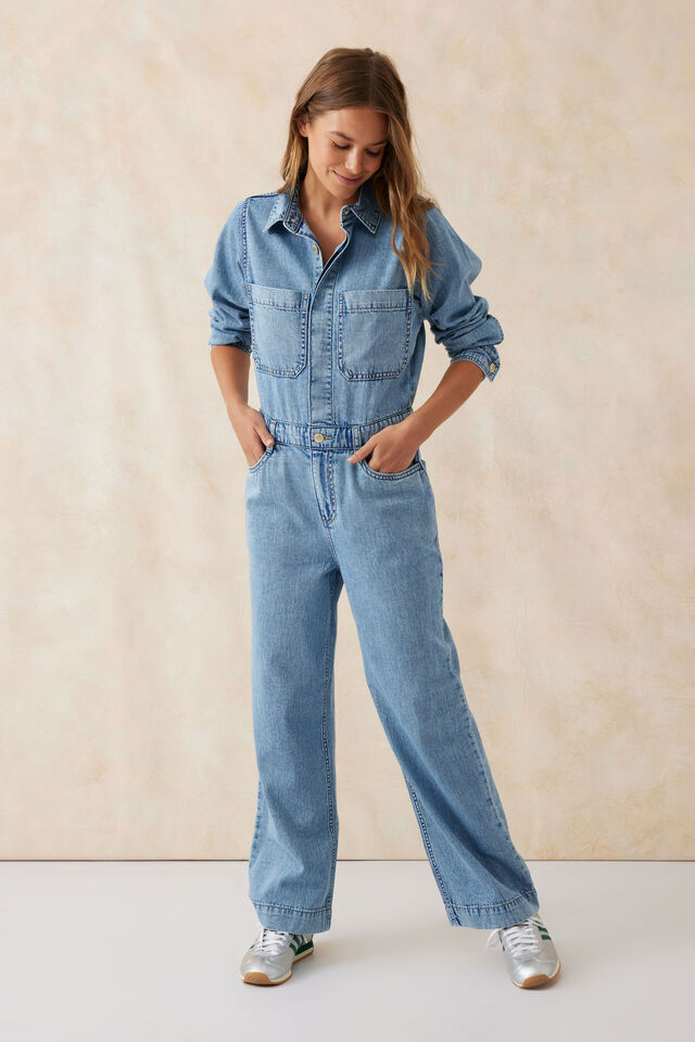 Long Sleeve Soft Denim Jumpsuit, VINTAGE BLUE