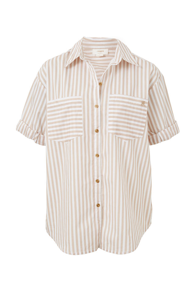 Rolled Cuff Short Sleeve Shirt, STRING WHITE STRIPE